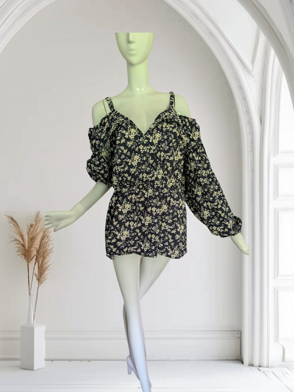 BloomChic Black Floral Cold-Shoulder Blouse with Cream Blossoms